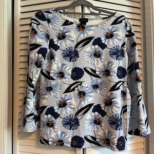 Ann Taylor Floral Knit Blue/Orange Top Blouse Shirt Long Bell Sleeves Sz Small